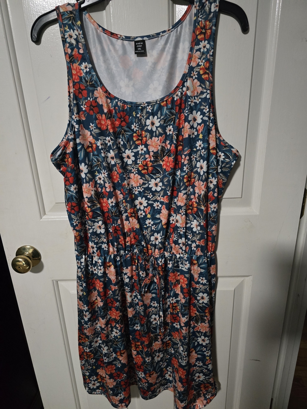 SHEIN Green Floral Midi Dress with Coral and White Blooms